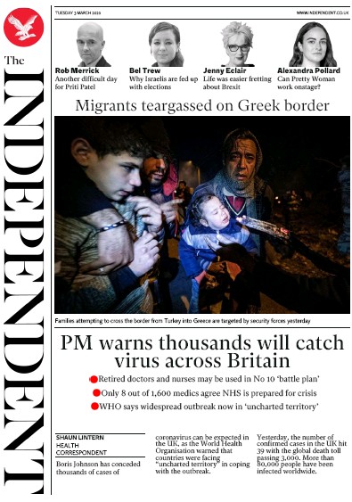 The Independent Newspaper Front Page (UK) for 3 March 2020
