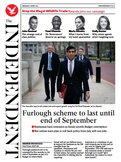 The Independent Newspaper Front Page (UK) for 3 March 2021