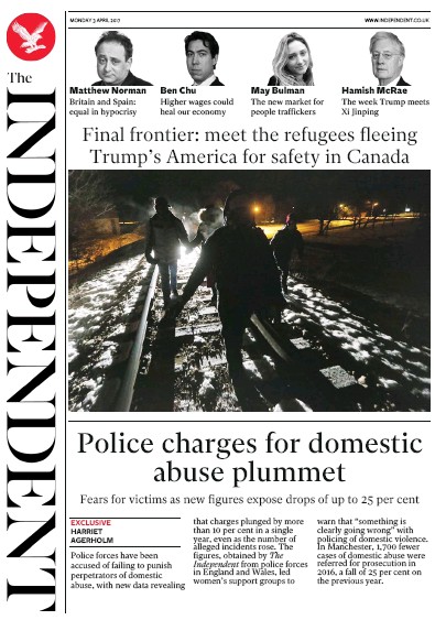 The Independent Newspaper Front Page (UK) for 3 April 2017