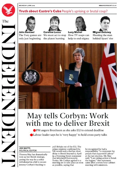 The Independent Newspaper Front Page (UK) for 3 April 2019