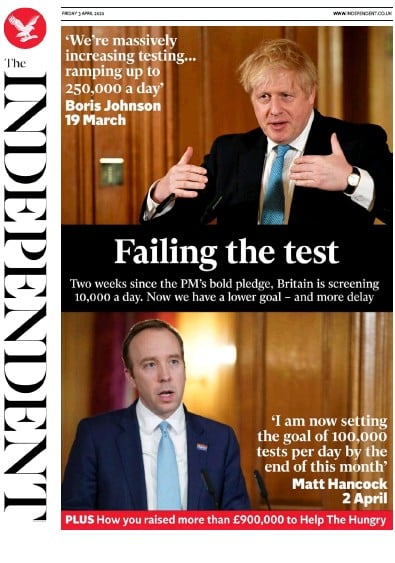 The Independent Newspaper Front Page (UK) for 3 April 2020