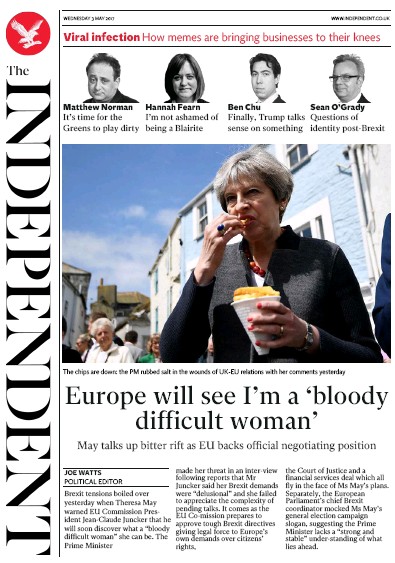 The Independent Newspaper Front Page (UK) for 3 May 2017