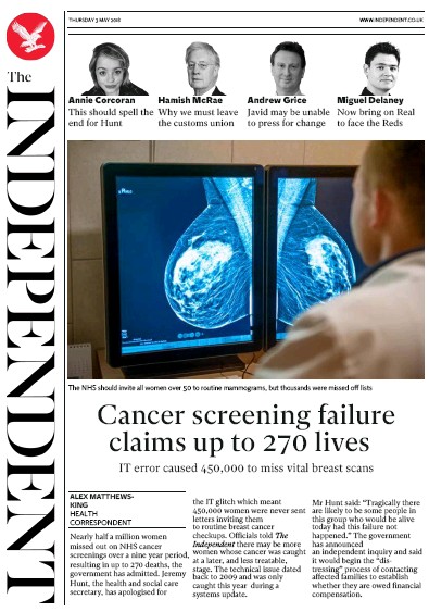 The Independent Newspaper Front Page (UK) for 3 May 2018