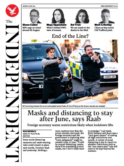The Independent Newspaper Front Page (UK) for 3 May 2021