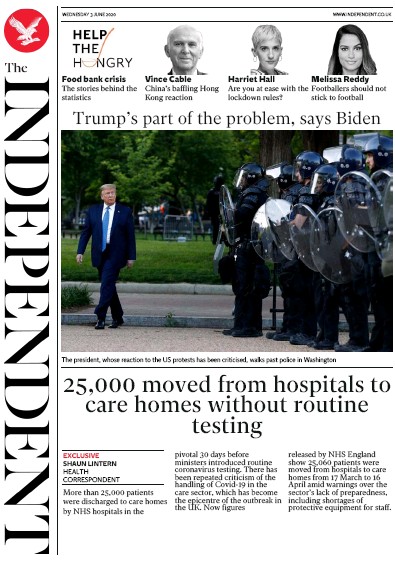 The Independent Newspaper Front Page (UK) for 3 June 2020