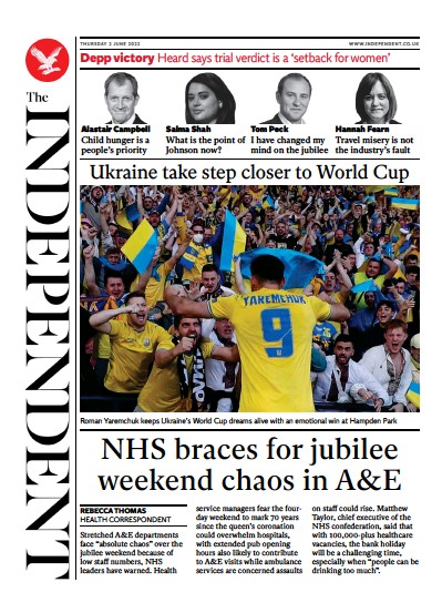 The Independent Newspaper Front Page (UK) for 3 June 2022