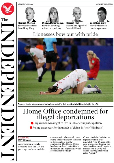 The Independent Newspaper Front Page (UK) for 3 July 2019