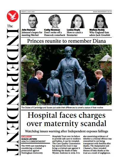 The Independent Newspaper Front Page (UK) for 3 July 2021