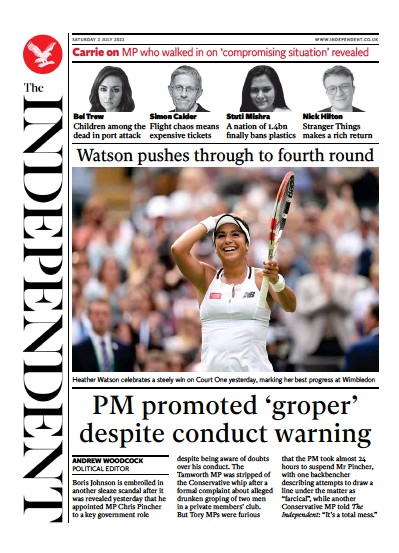 The Independent Newspaper Front Page (UK) for 3 July 2022