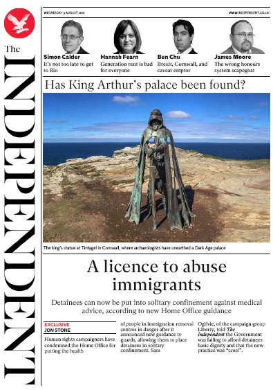 The Independent Newspaper Front Page (UK) for 3 August 2016