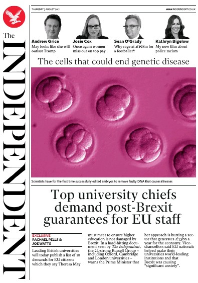 The Independent Newspaper Front Page (UK) for 3 August 2017