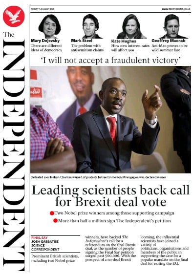 The Independent Newspaper Front Page (UK) for 3 August 2018
