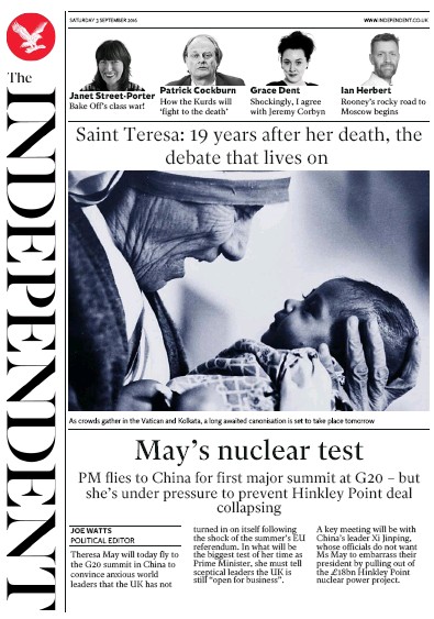 The Independent Newspaper Front Page (UK) for 3 September 2016