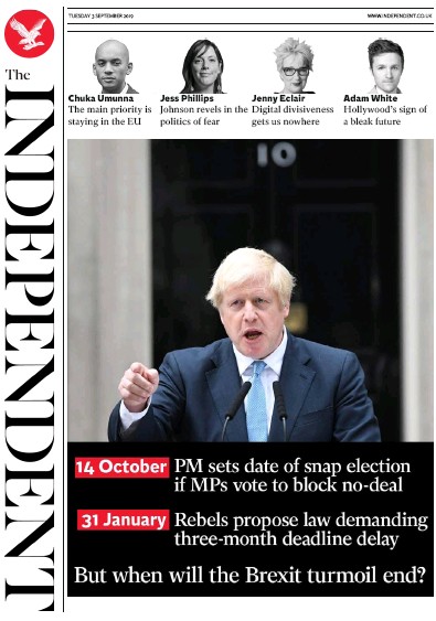 The Independent Newspaper Front Page (UK) for 3 September 2019