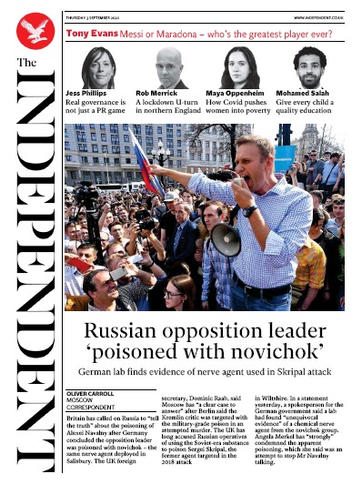 The Independent Newspaper Front Page (UK) for 3 September 2020