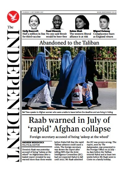The Independent Newspaper Front Page (UK) for 3 September 2021