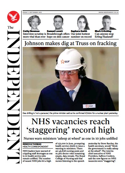 The Independent Newspaper Front Page (UK) for 3 September 2022