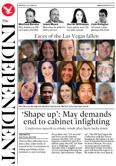 The Independent Newspaper Front Page (UK) for 4 October 2017