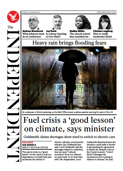 The Independent Newspaper Front Page (UK) for 4 October 2021