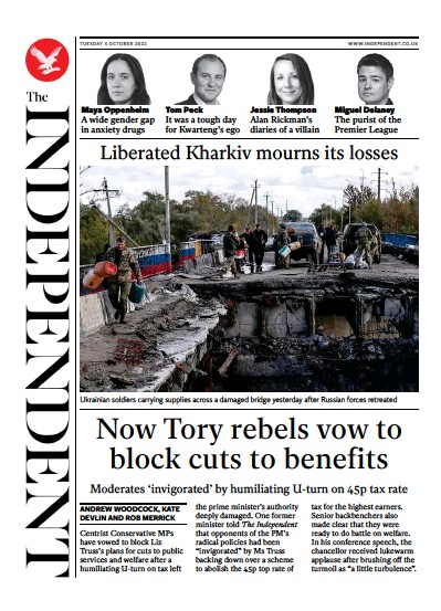 The Independent Newspaper Front Page (UK) for 4 October 2022