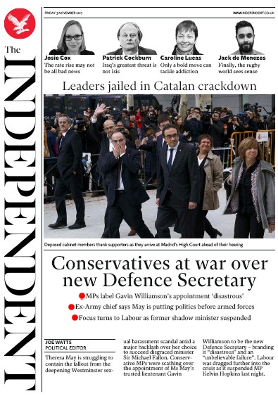 The Independent Newspaper Front Page (UK) for 4 November 2017