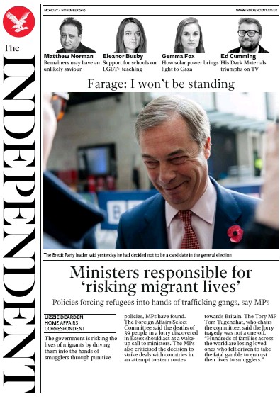 The Independent Newspaper Front Page (UK) for 4 November 2019