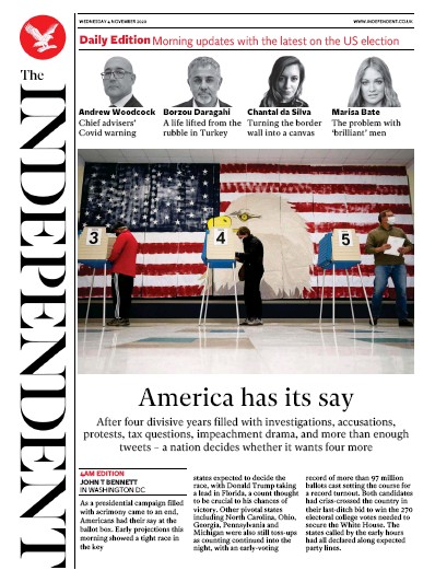 The Independent Newspaper Front Page (UK) for 4 November 2020