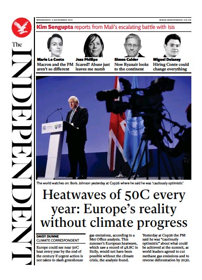The Independent Newspaper Front Page (UK) for 4 November 2021