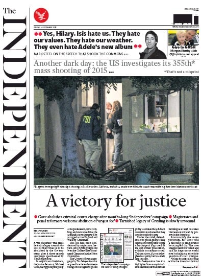 The Independent Newspaper Front Page (UK) for 4 December 2015