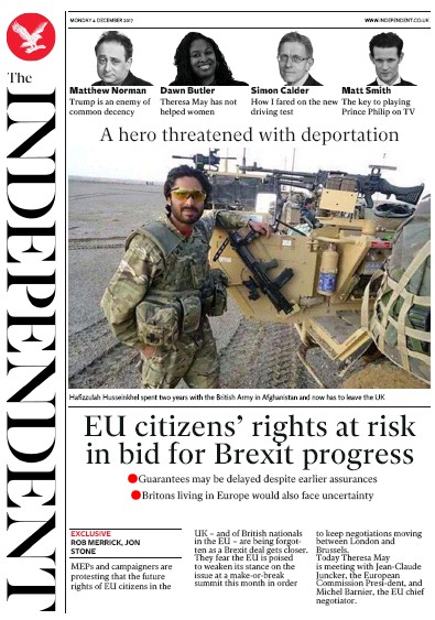 The Independent Newspaper Front Page (UK) for 4 December 2017