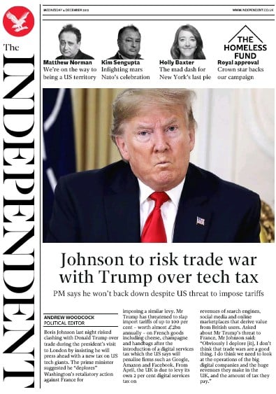 The Independent Newspaper Front Page (UK) for 4 December 2019