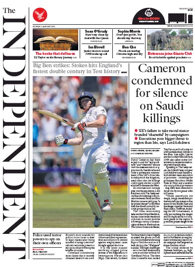 The Independent Newspaper Front Page (UK) for 4 January 2016