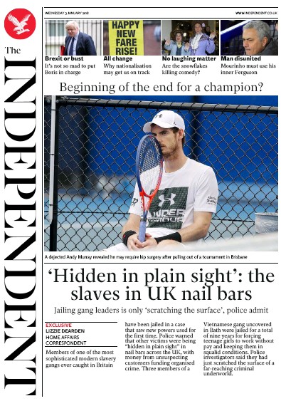 The Independent Newspaper Front Page (UK) for 4 January 2018