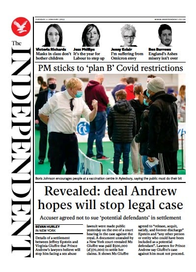 The Independent Newspaper Front Page (UK) for 4 January 2022