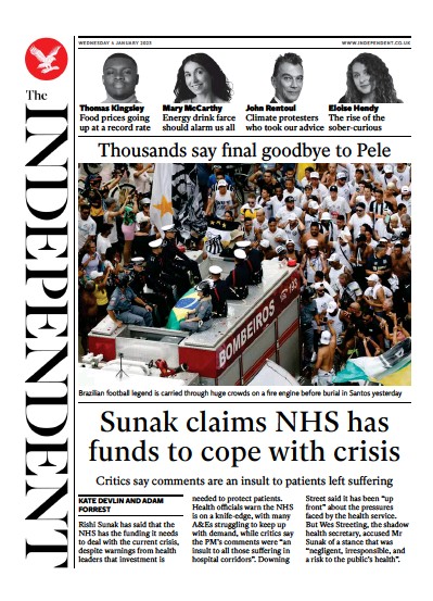 The Independent Newspaper Front Page (UK) for 4 January 2023