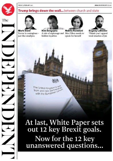 The Independent Newspaper Front Page (UK) for 4 February 2017