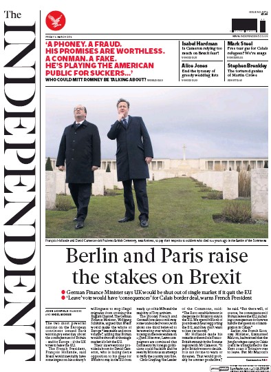 The Independent Newspaper Front Page (UK) for 4 March 2016