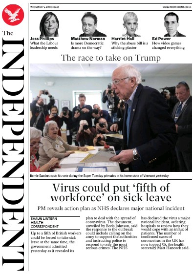 The Independent Newspaper Front Page (UK) for 4 March 2020
