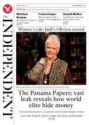 The Independent (UK) Newspaper Front Page for 4 April 2016