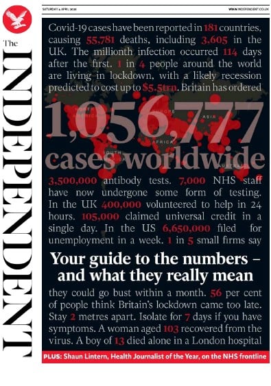 The Independent Newspaper Front Page (UK) for 4 April 2020