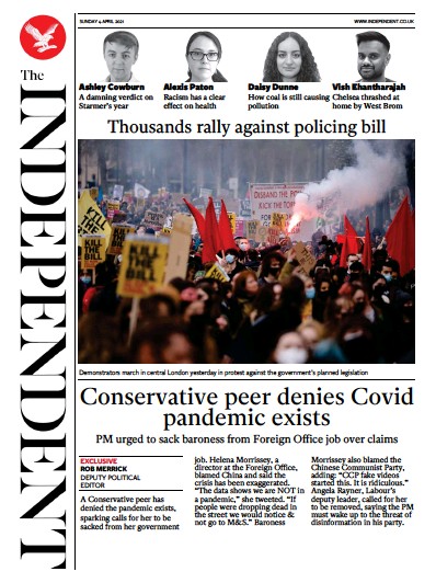 The Independent Newspaper Front Page (UK) for 4 April 2021
