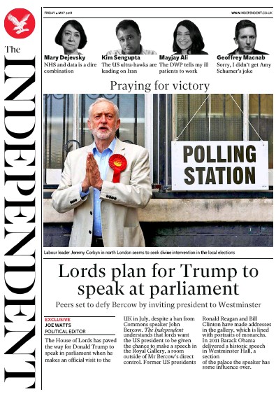 The Independent Newspaper Front Page (UK) for 4 May 2018