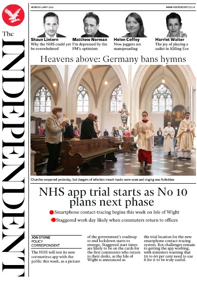 The Independent Newspaper Front Page (UK) for 4 May 2020