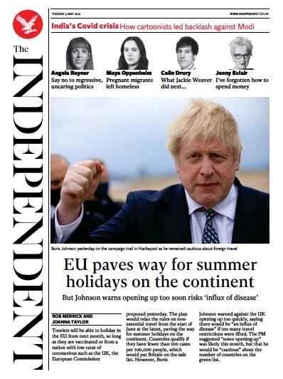 The Independent Newspaper Front Page (UK) for 4 May 2021
