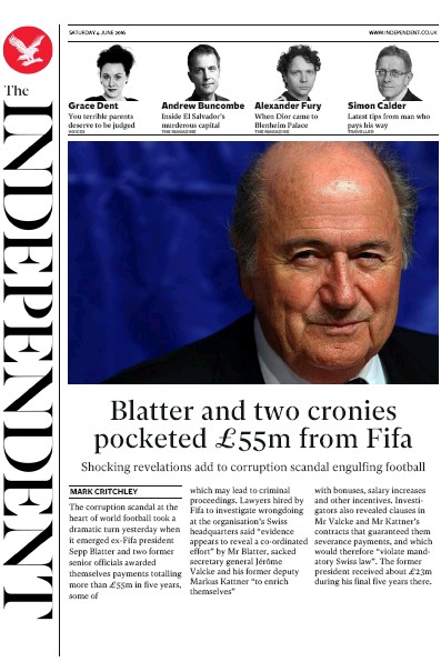 The Independent Newspaper Front Page (UK) for 4 June 2016