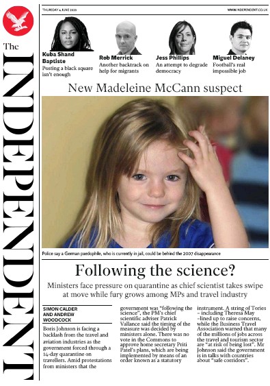 The Independent Newspaper Front Page (UK) for 4 June 2020