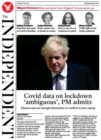 The Independent Newspaper Front Page (UK) for 4 June 2021