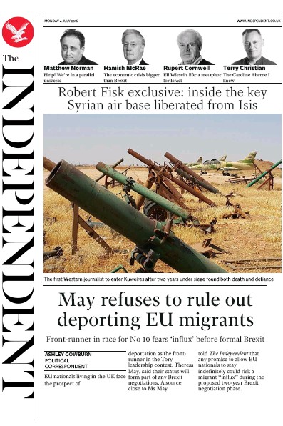 The Independent Newspaper Front Page (UK) for 4 July 2016