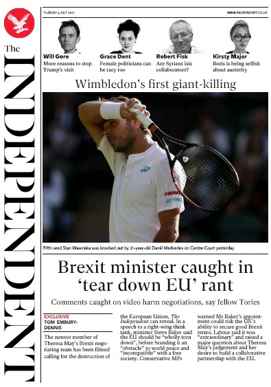 The Independent Newspaper Front Page (UK) for 4 July 2017
