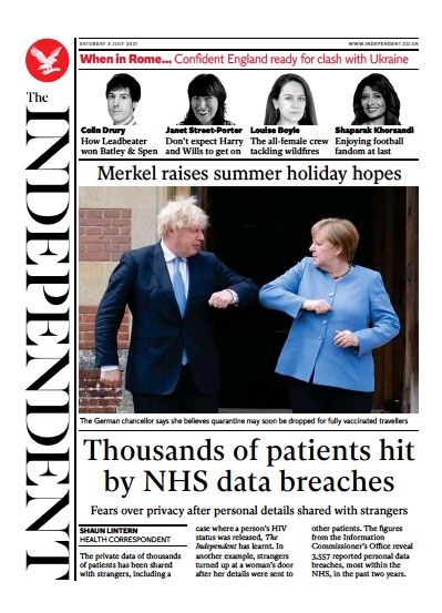 The Independent Newspaper Front Page (UK) for 4 July 2021